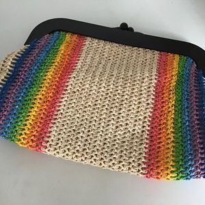 Crocheted Straw Clutch Plastic Kiss Lock Handle